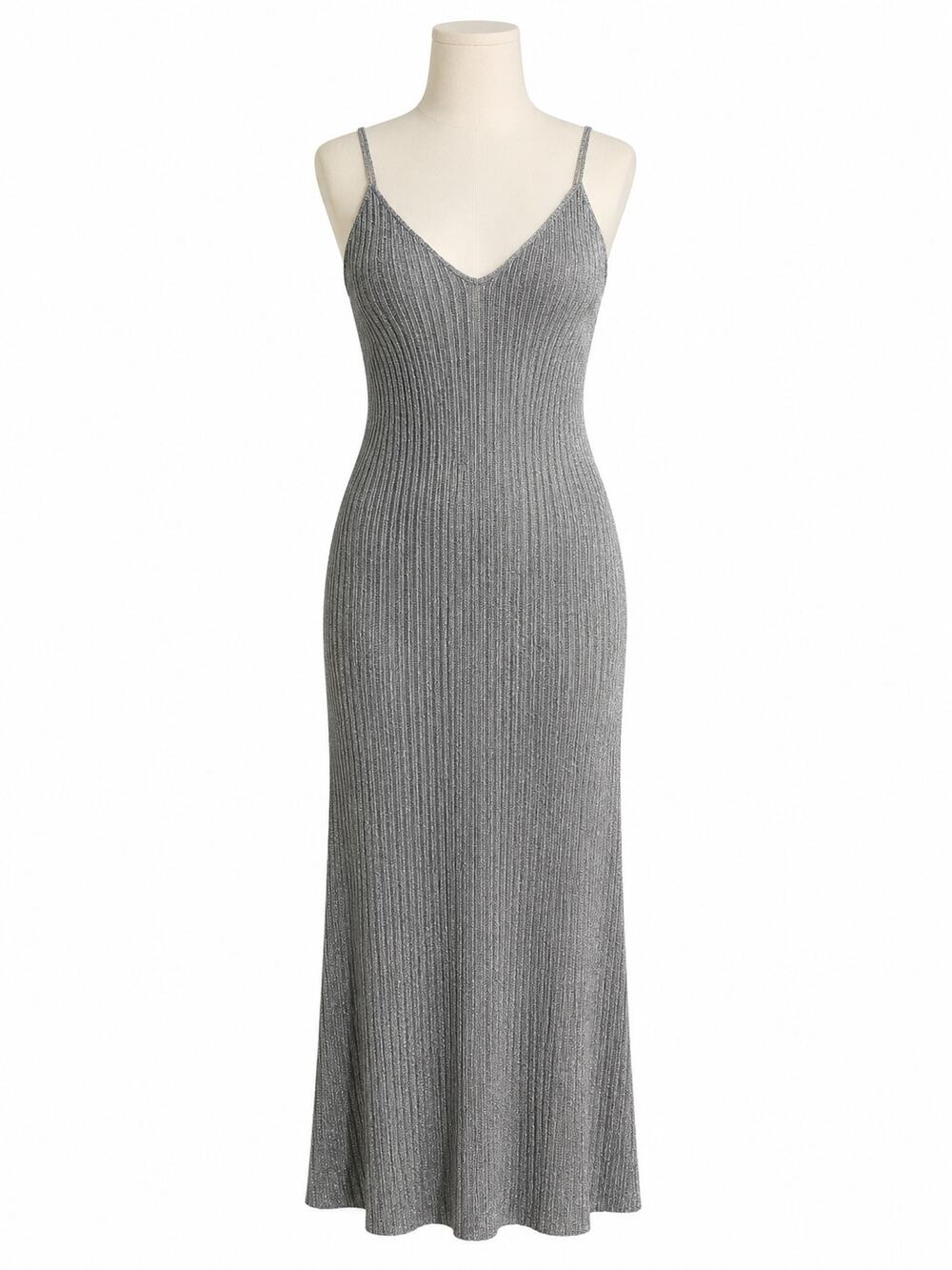 Zara Silver Metallic Knit Spaghetti Strap Midi Dress  - Size M